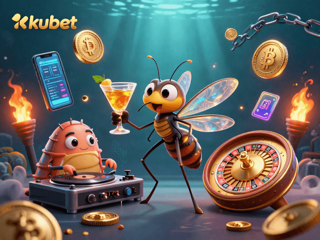 Kubet’s dynamic casino scene with a frozen mosquito mascot, trilobite DJ, and a roulette wheel.