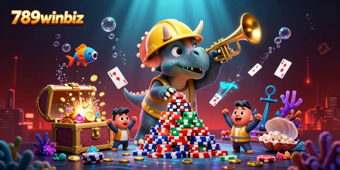 Cheerful scene depicting a triceratops building poker chips while celebrating with 789winbiz at a casino-themed underwater adventure.