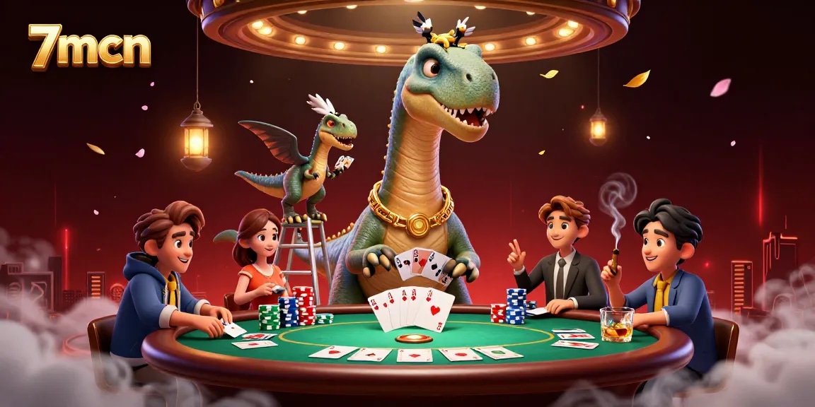 Engage with the thrilling appeal of 7mcn as a brontosaurus towers over a poker game in a vibrant casino.
