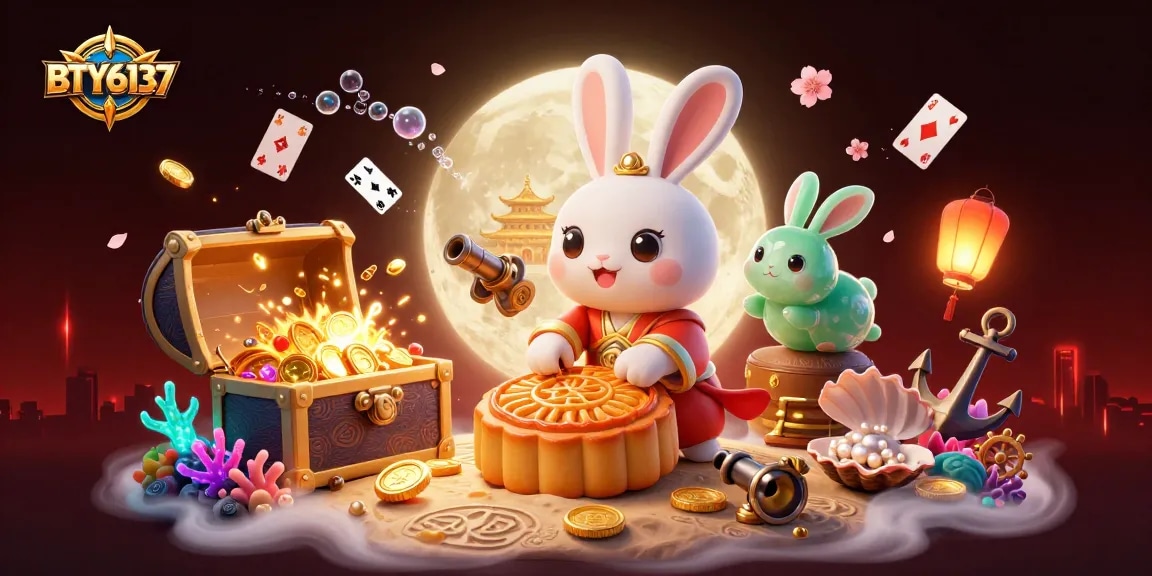 Engaging 3D scene showcasing BTY6137 rabbit and mooncake-themed poker elements for gamblers.