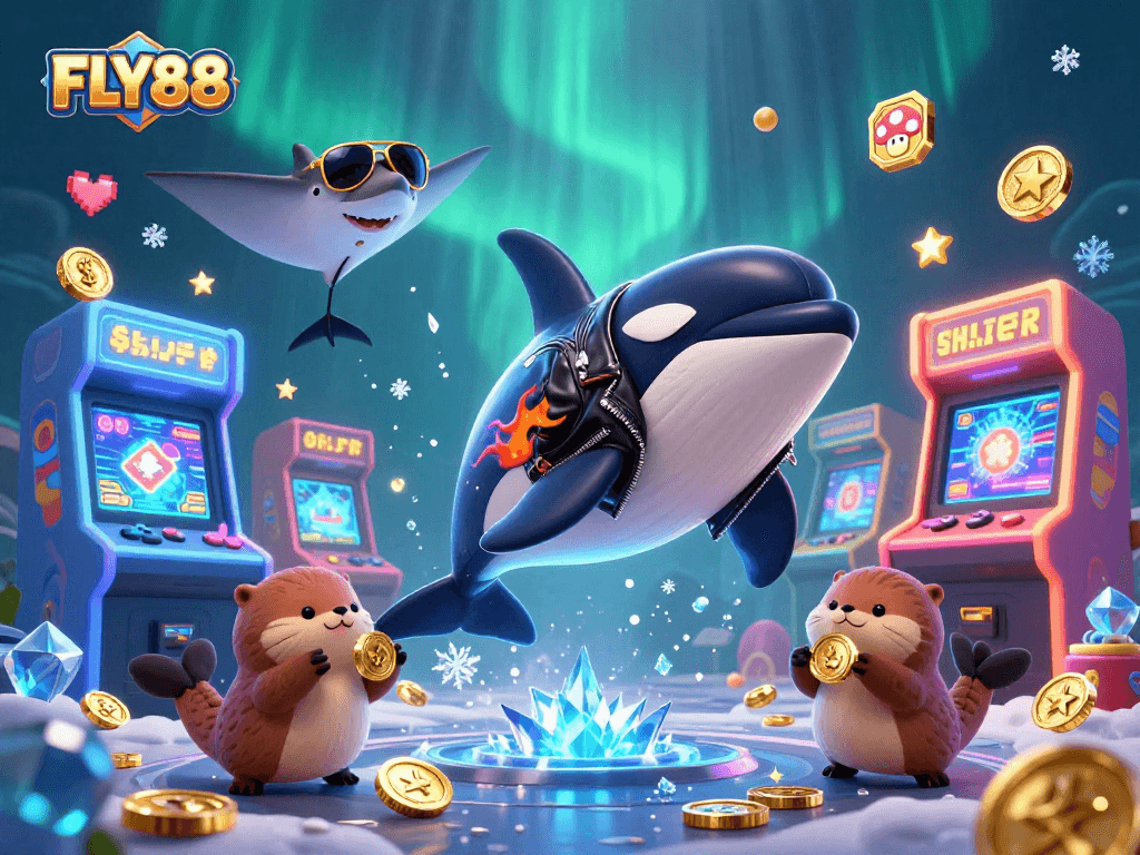 FLY88 gaming scene showing a fun 3D orca whale, stingray, and otters enjoying golden coins and arcade vibes.