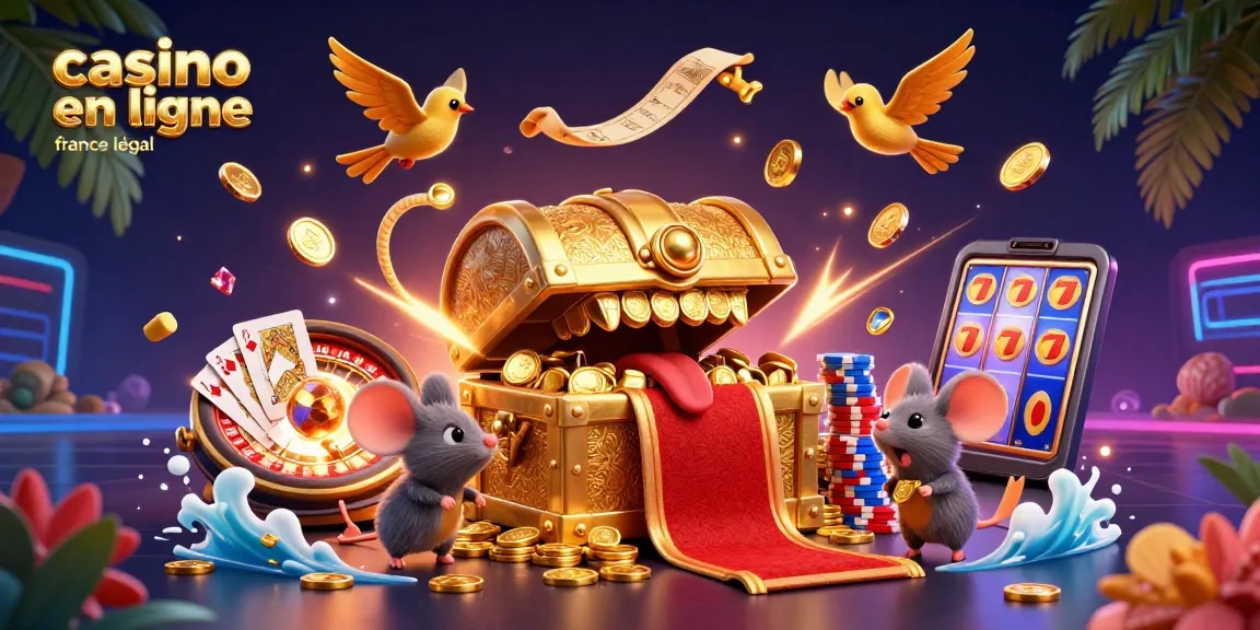 Découvrez le casino en ligne légal en France avec un coffre au trésor 3D animé attirant des souris aventurières.