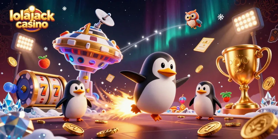 Experience the excitement at lolajack casino with a golden penguin and dynamic gaming elements.