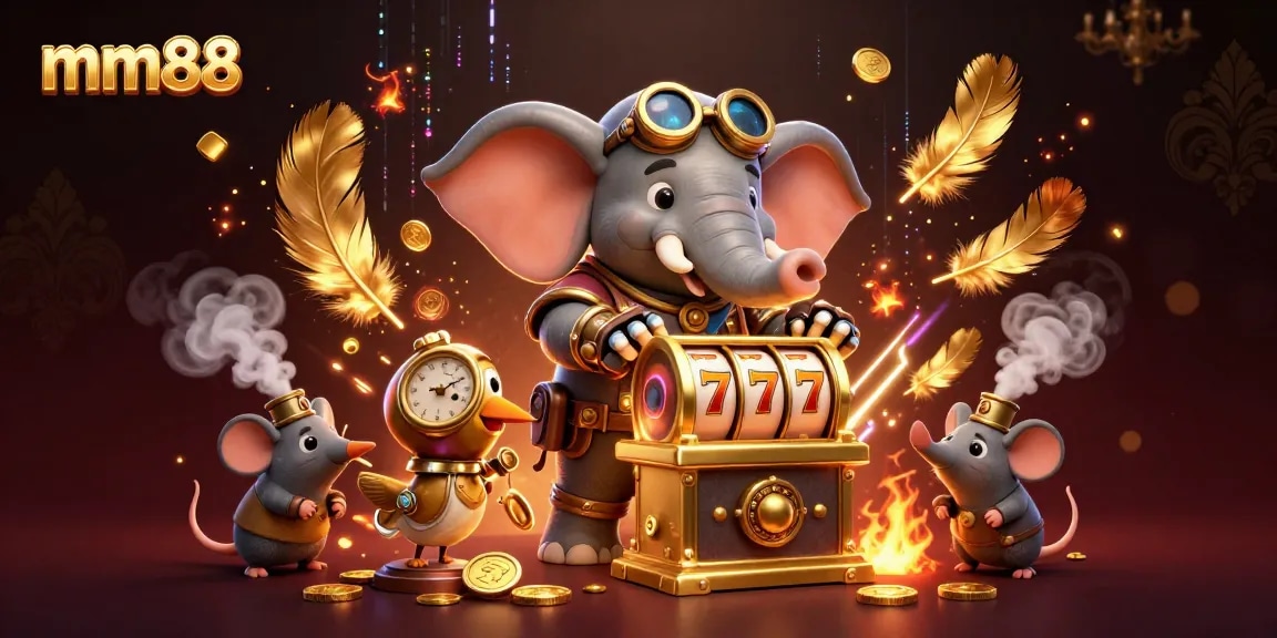 Spin the golden slot machine at mm88's festive gaming scene with steampunk characters.