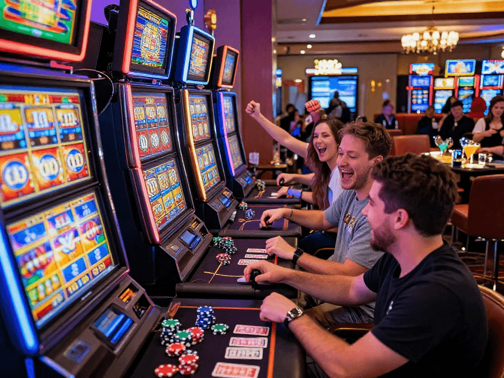 Players celebrating a slot jackpot win in a vibrant casino atmosphere