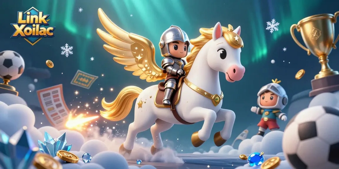 Watch the dynamic action in Link Xoilac as a knight rides a celestial horse amidst sports betting elements.