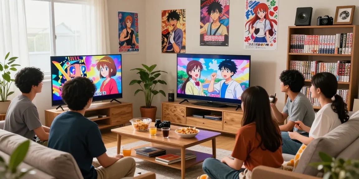 Anime streaming enthusiasts enjoying high-quality content at https://animehay.zip/ in a cozy living room.