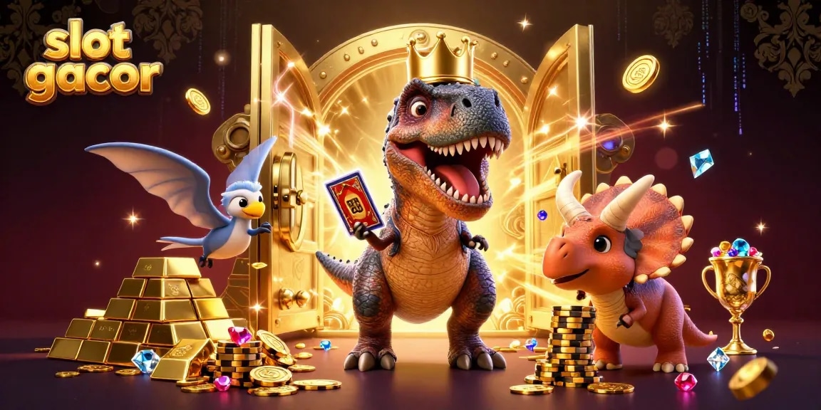 Experience the thrill of slot gacor as playful dinosaurs stack chips and shuffle cards in a dazzling casino scene.