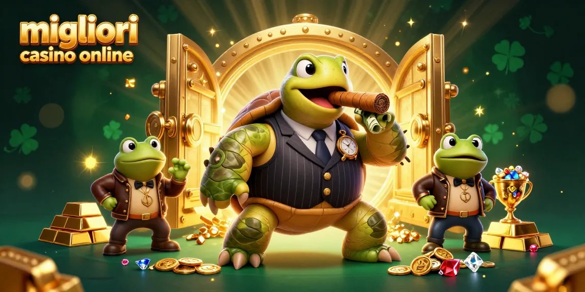 Gioca nei migliori casino online con il gangster tartaruga e le luci del casinò.