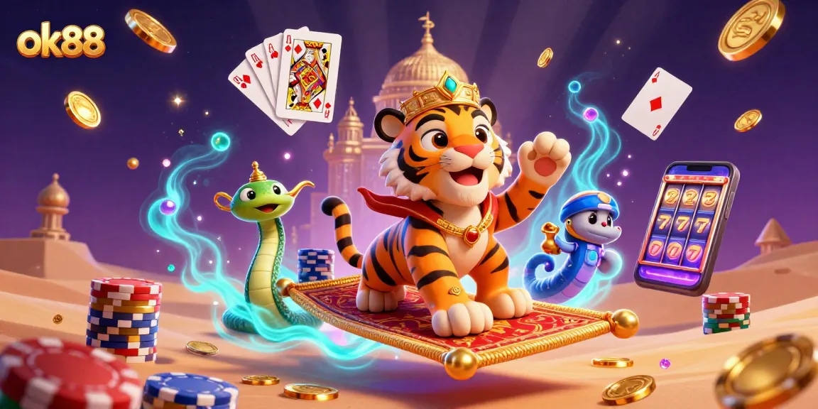 Engage with the captivating ok88 gaming scene featuring a tiger sultan and exciting casino elements.