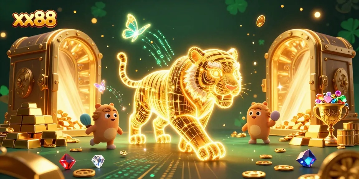 Experience the thrill of xx88 with a vibrant casino scene featuring a neon tiger and treasure.