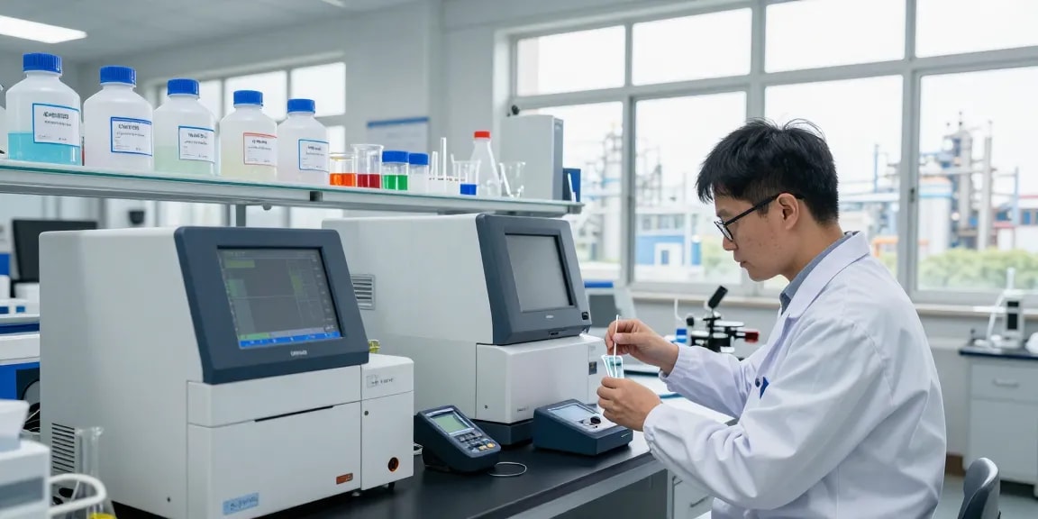 Technician testing fine chemicals in a laboratory setting, showcasing a fine chemicals supplier's quality control process.