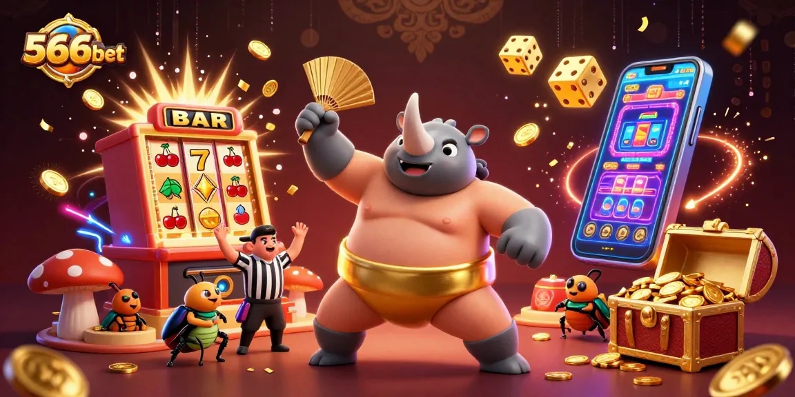 Engage with thrilling 566bet casino action featuring a powerful beetle sumo champion amidst a jackpot explosion.