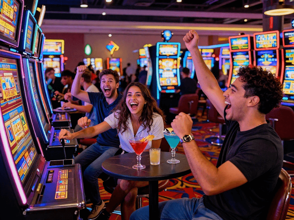 Group celebrating at casino slot machines after hitting a slot jackpot in a lively atmosphere.