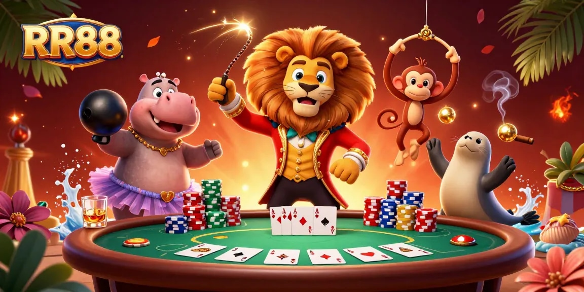 RR88 online casino features a whimsical scene with characters engaging in gambling fun around a vibrant poker table.