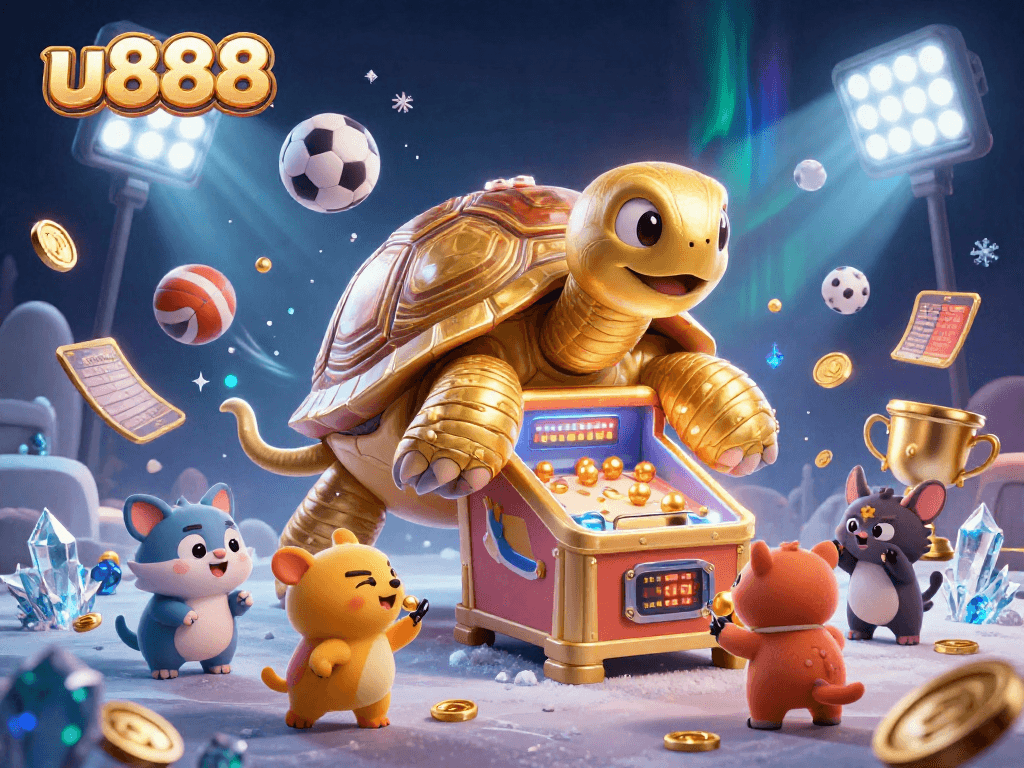 Play thrilling games and win big with u888, alongside a colossal lucky tortoise and dynamic sports elements.