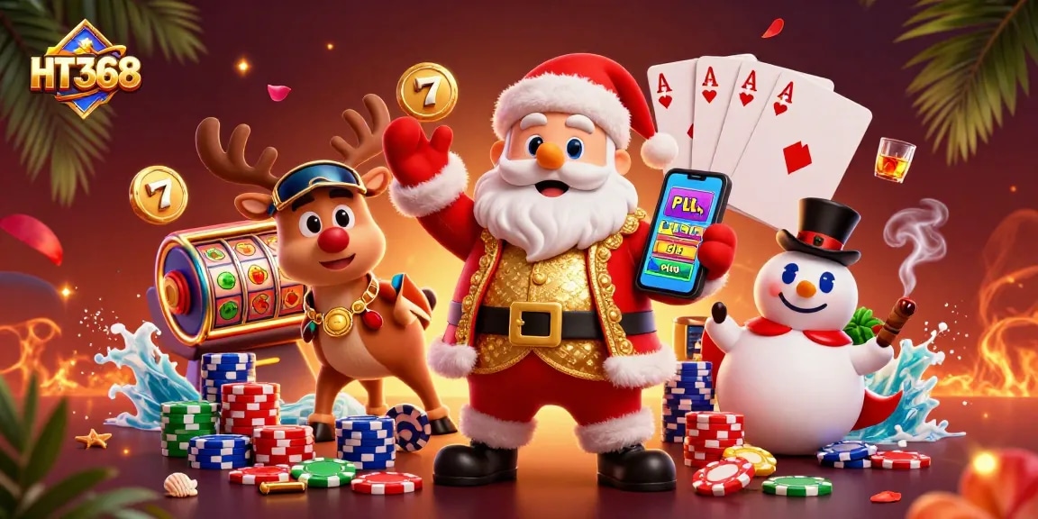 Engage in thrilling slots action at HT368 with Santa Claus, poker chips, and vibrant casino elements.