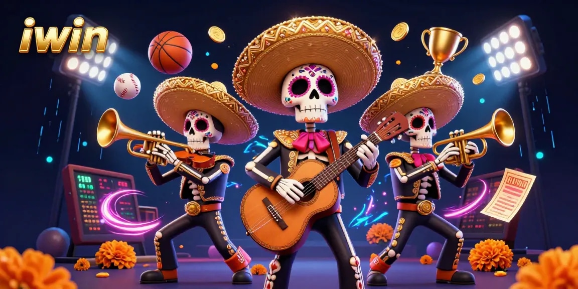 Join the fun at iwin with a vibrant scene featuring a Day of the Dead mariachi band amidst dynamic sports elements.