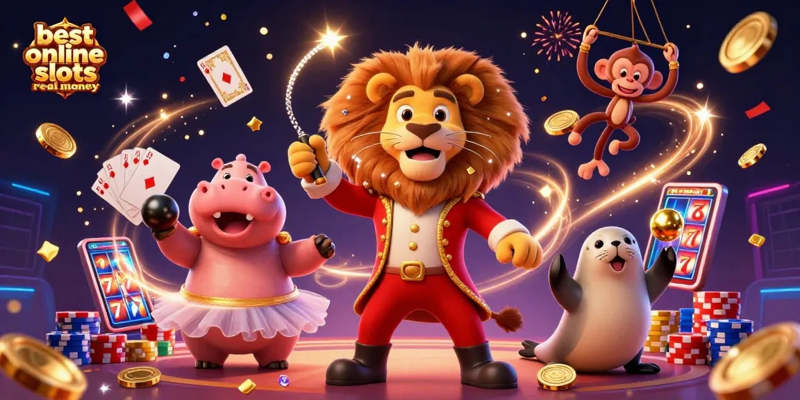 Feel the thrill of the best online slots real money with this vibrant circus-themed illustration.
