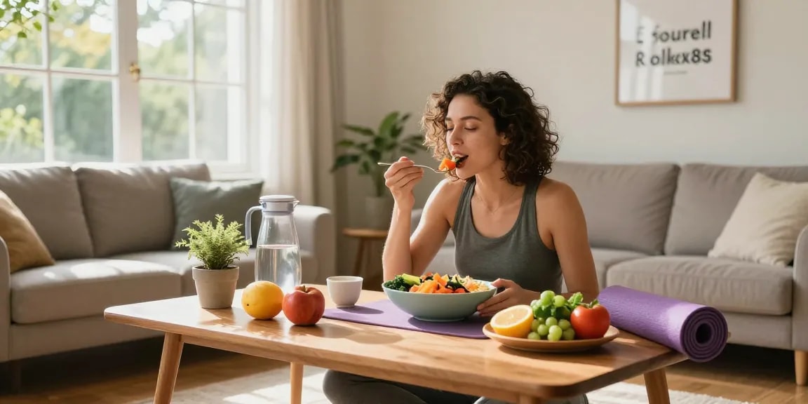 Mindful eating with rokok88 in a cozy living room, showcasing healthy meal preparation and lifestyle.