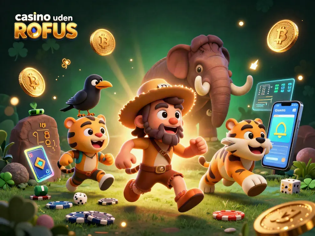 Engage with casino uden ROFUS showcasing a caveman and saber-tooth duo in a vibrant prehistoric casino setting filled with crypto coins.