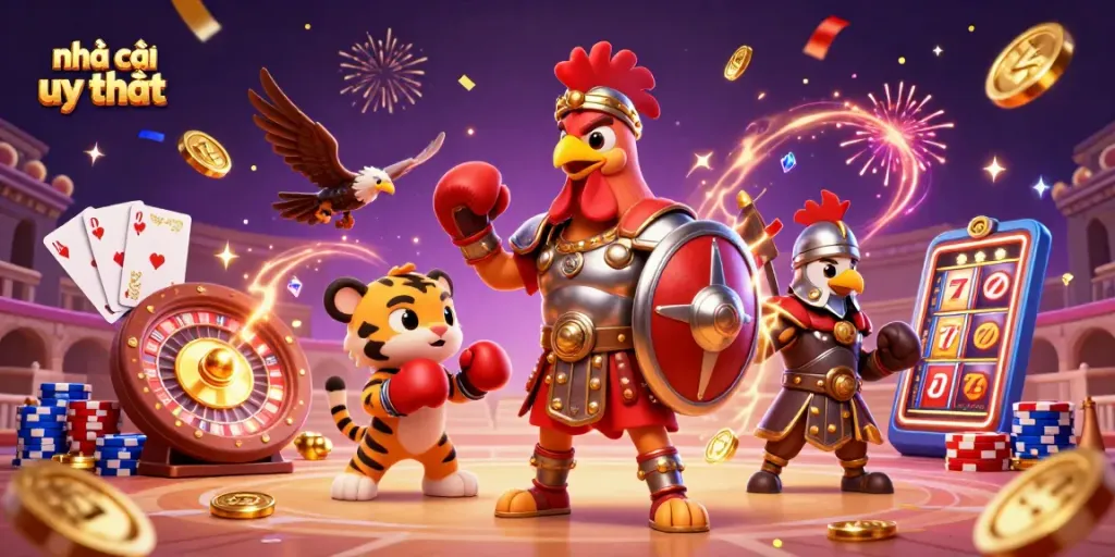 Experience excitement at nhà cái uy tín with a 3D cartoon scene of betting characters and casino elements.