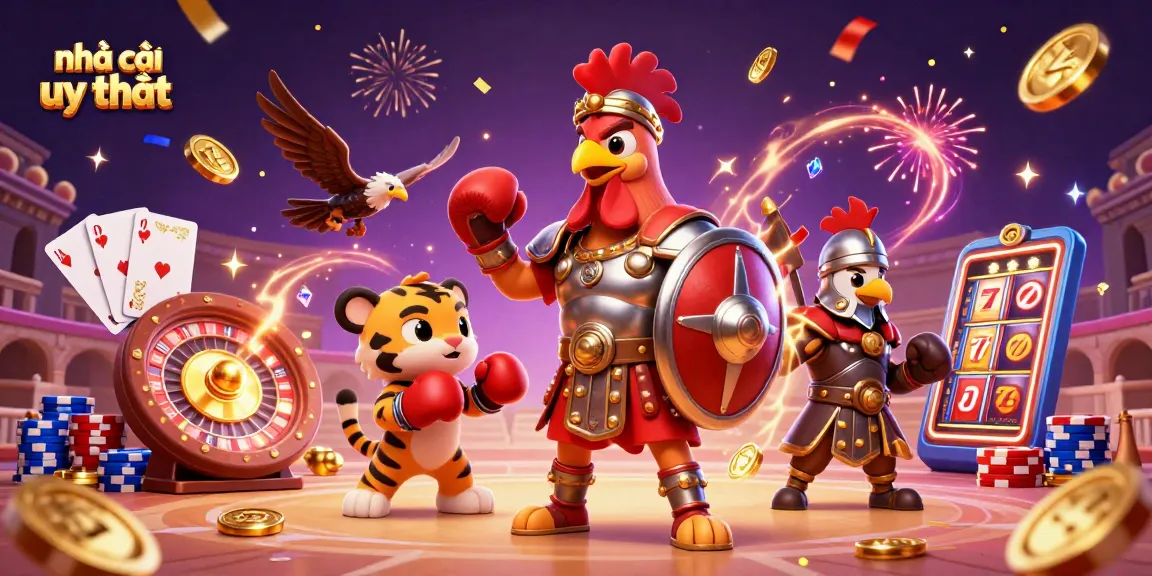 Experience excitement at nhà cái uy tín with a 3D cartoon scene of betting characters and casino elements.