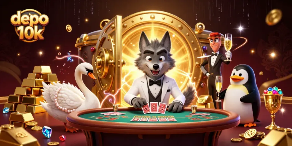 Experience the thrill of depo 10k gaming with a debonair wolf and elegant characters at a baccarat table