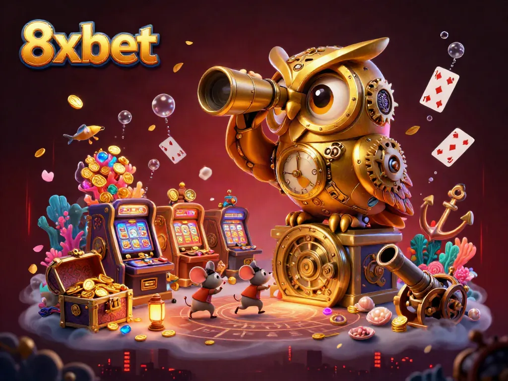 Experience the excitement of 8xbet with gold-scattered owl overseeing a vibrant casino scene.