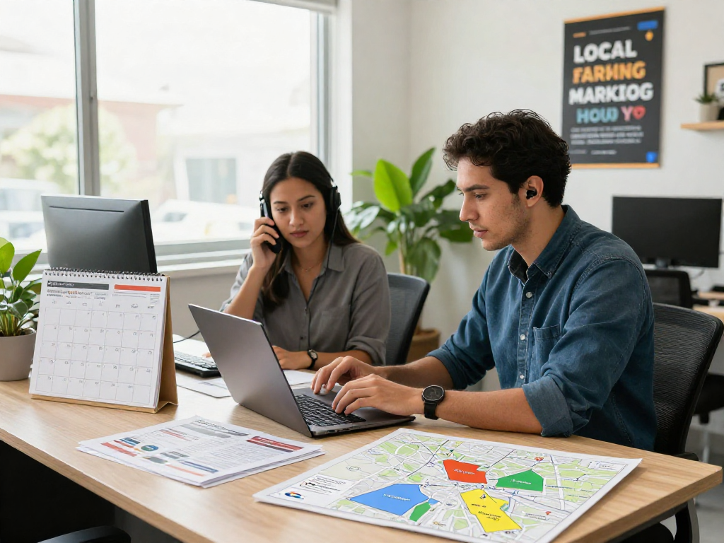 Operators analyzing Google Maps SEO services in a modern office environment, planning local dominance strategies.