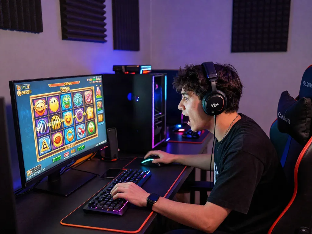 Player enjoying slot online gacor at a vibrant gaming setup with jackpot winning visuals.