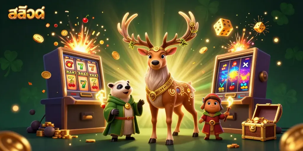 Experience thrillingสล็อตออนไลน์ action with a vibrant 3D illustration bursting with slot machine excitement.