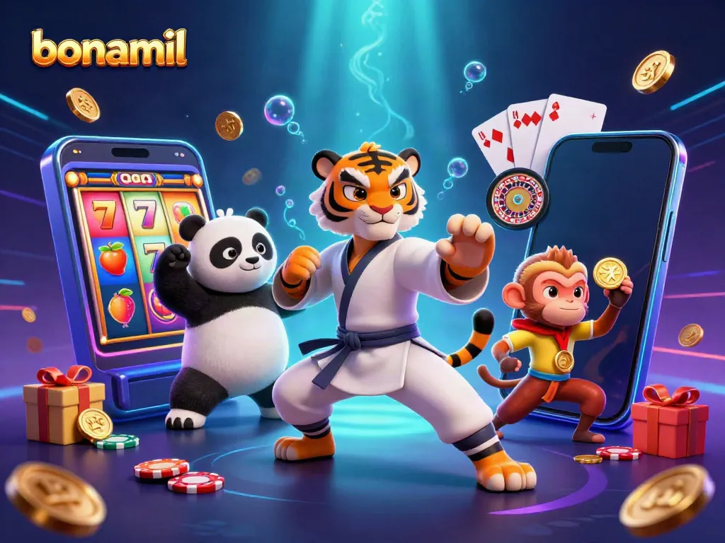Bonamil dalam aksi menarik permainan slot dengan karakter kartun kung fu yang dinamis