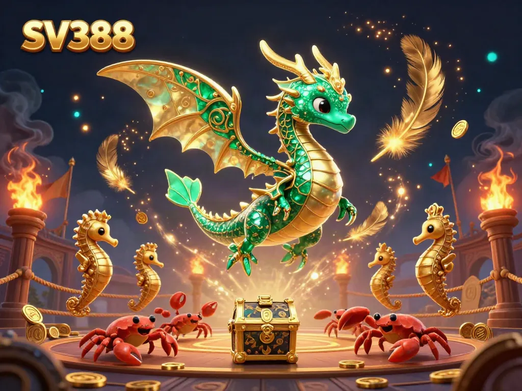 Bet on SV388's intense cockfighting action amidst colorful elements and treasure.