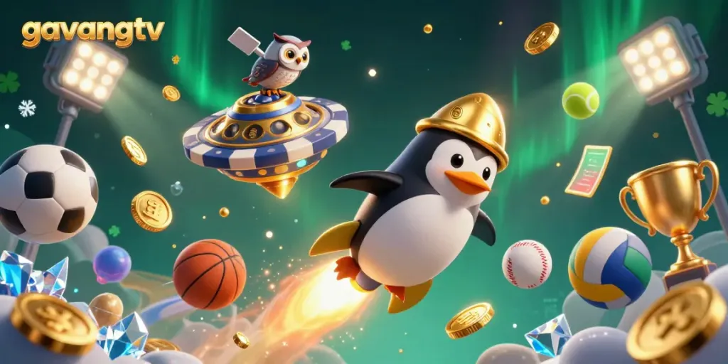 Experience the excitement of gambling with gavangtv as a golden penguin rocket and sports elements soar through space.