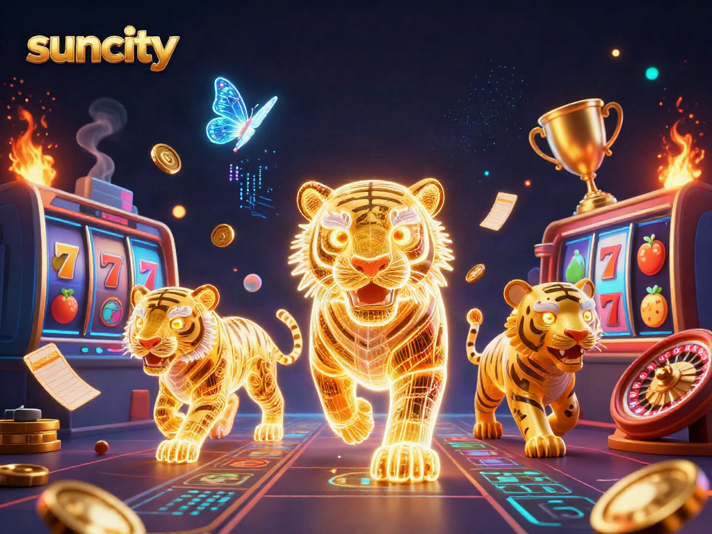 Engage in exciting gameplay with suncity, featuring a golden tiger and vibrant digital casino elements.
