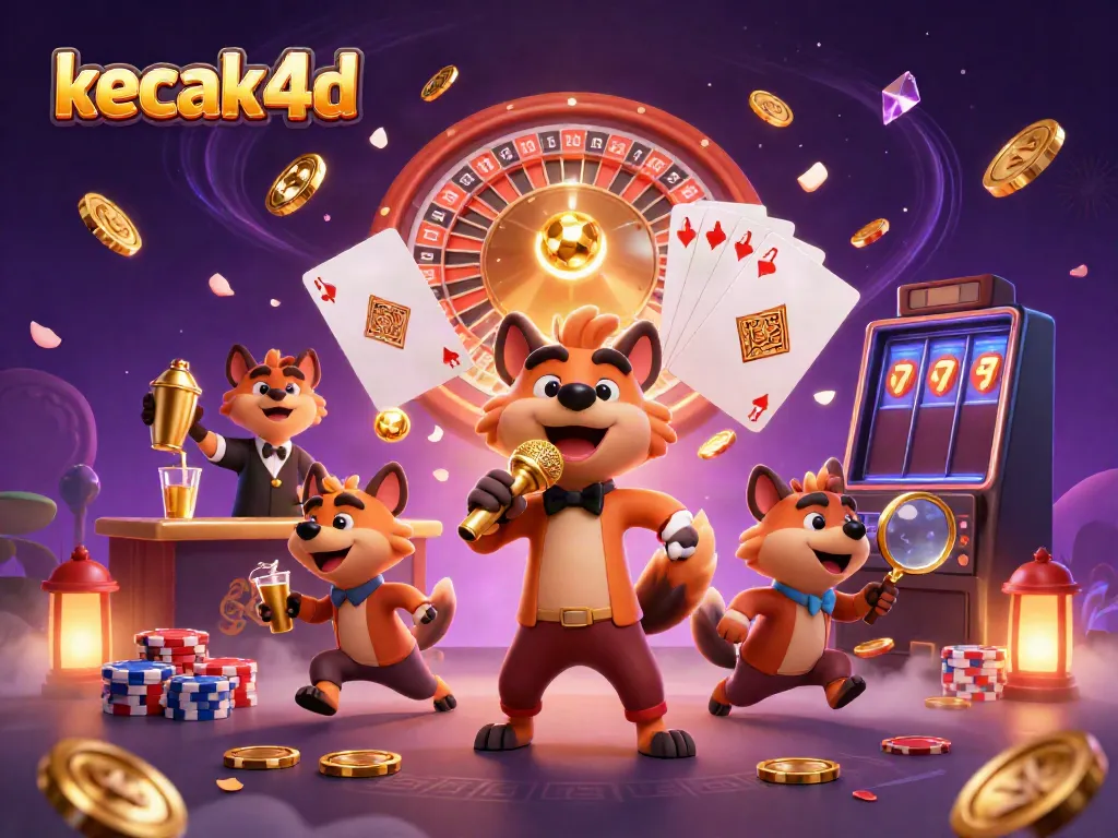 Experience excitement with kecak4d in this vibrant casino scene filled with hyenas, golden coins, and playful elements.