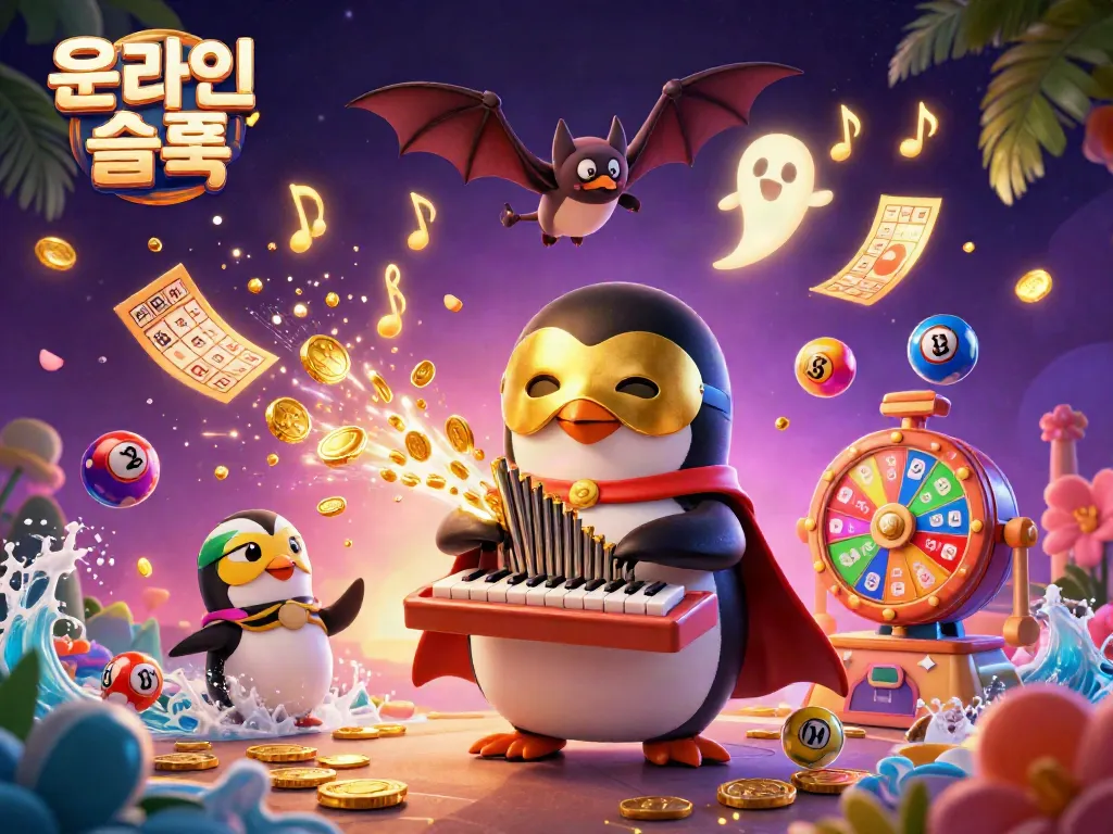 Experience online slots excitement with a 3D cartoon penguin playing golden coins and vibrant elements.