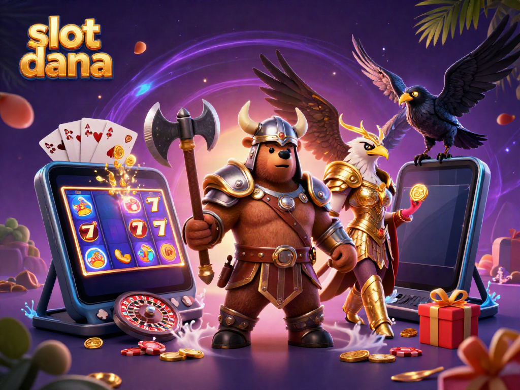 Mainkan slot dana dengan Viking dan elemen slot yang menarik dalam ilustrasi 3D yang penuh warna.