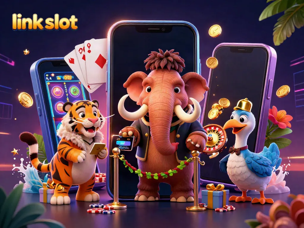 Engage in thrilling gameplay with link slot as vibrant casino characters and elements surround the scene.