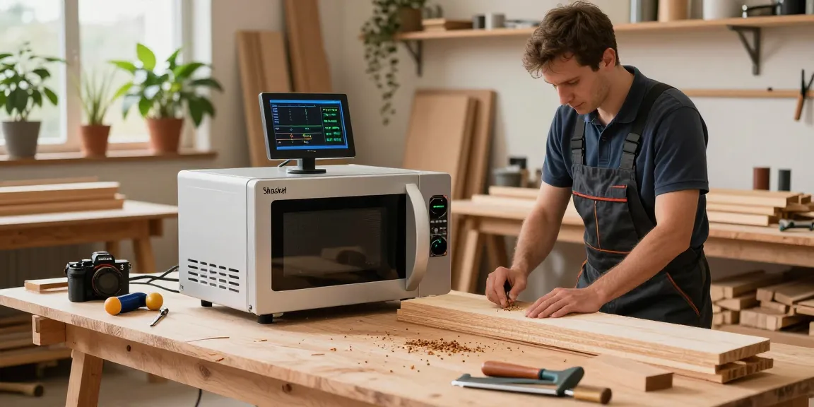 Shashel microwave technology in action eliminating woodworms in a bright workshop.