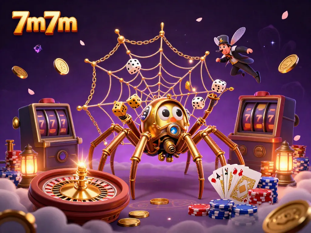 Experience 7m7m's dynamic gaming atmosphere with a playful steampunk spider and rich casino elements.