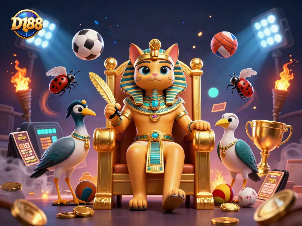 D188 sports betting scene with a pharaoh cat, sports balls, and trophy illustration.