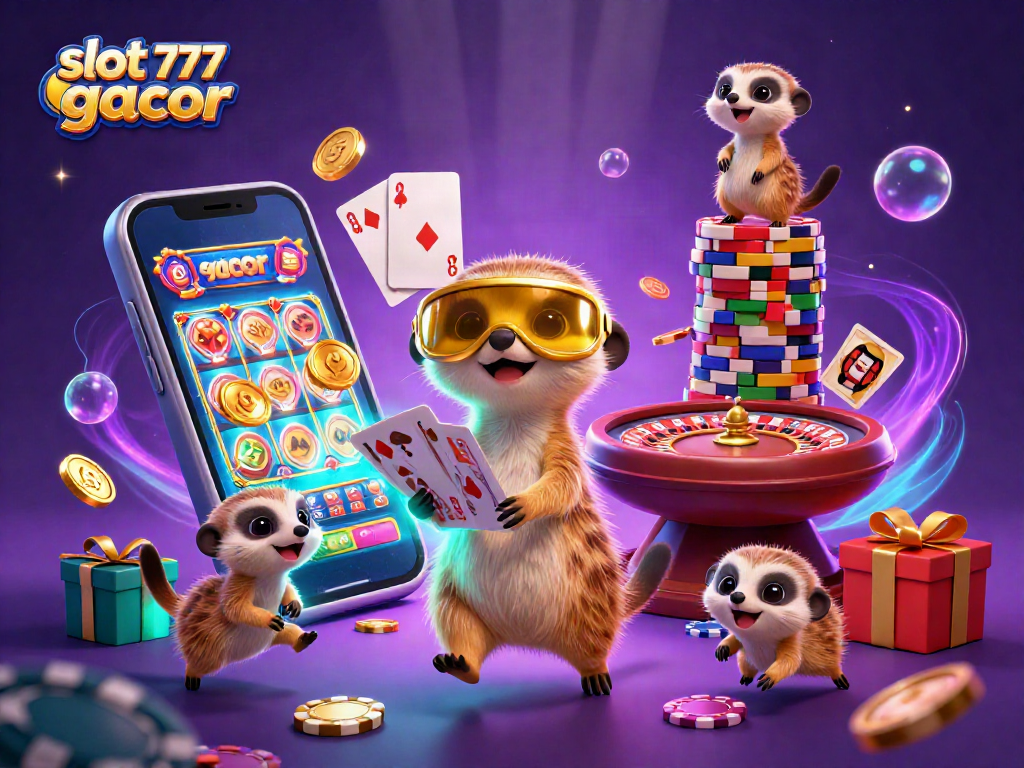 Engage with slot 777 gacor in a colorful casino illustration showcasing playful meerkats amid vibrant gaming elements.