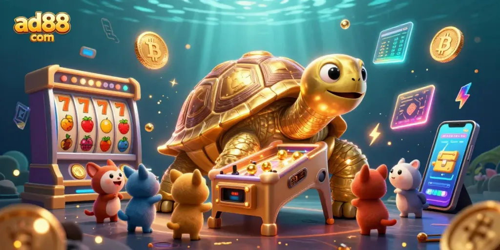 Play exciting slots with the colossal golden tortoise at ad88 com, surrounded by interactive fruit symbols and crypto elements.