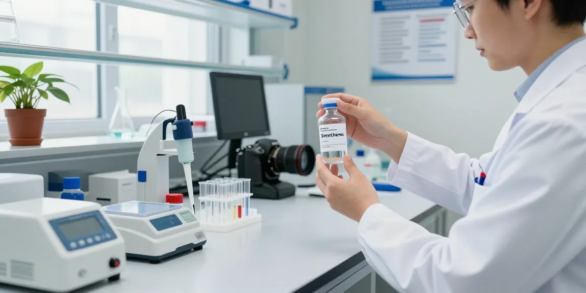 Researcher analyzing SwissChems peptides in a bright lab environment.
