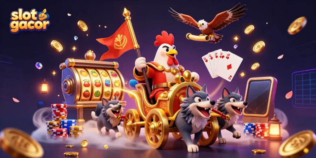 Engage in slot gacor adventures with a vibrant rooster warlord, golden coins, and dynamic game elements.