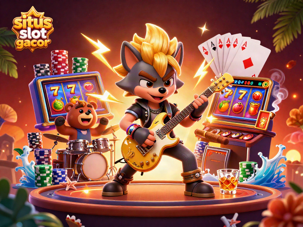 Situs slot gacor scene with a rock star wolf and drummer bear amidst slot reels and vibrant casino elements