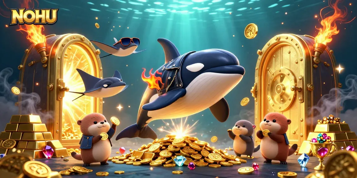 Experience the thrill of NOHU casinos with an orca, stingray, and otters amidst treasure.