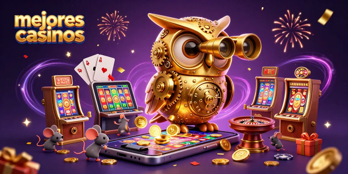 Ilustra la emoción de los mejores casinos, mostrando un búho mecánico junto a máquinas tragamonedas.